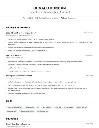 Special Education Teaching Assistant Resume