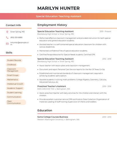 Special Education Teaching Assistant Resume