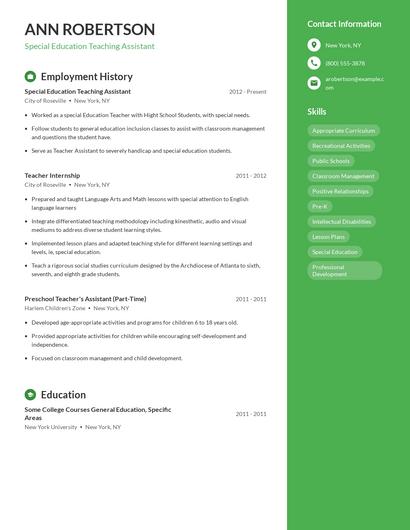 Special Education Teaching Assistant Resume