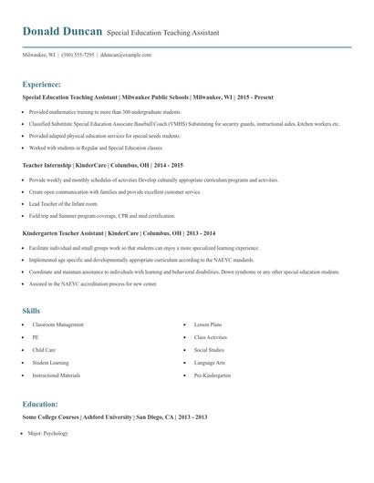 Special Education Teaching Assistant Resume