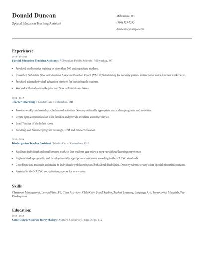 Special Education Teaching Assistant Resume