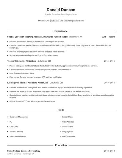 Special Education Teaching Assistant Resume