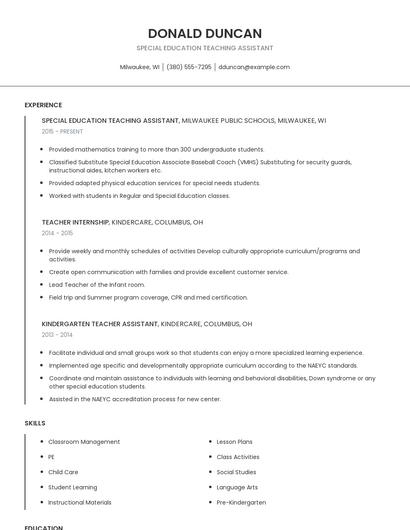 Special Education Teaching Assistant Resume
