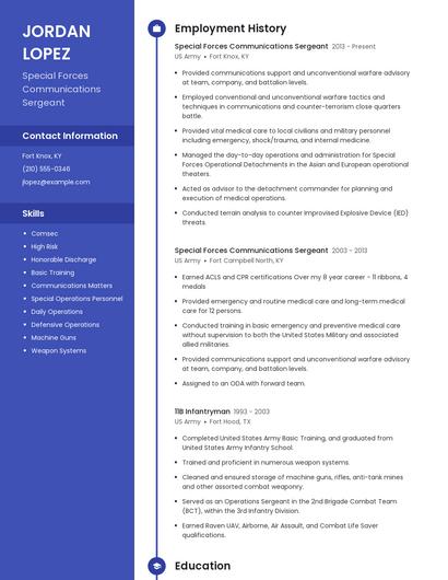 Special Forces Communications Sergeant Resume