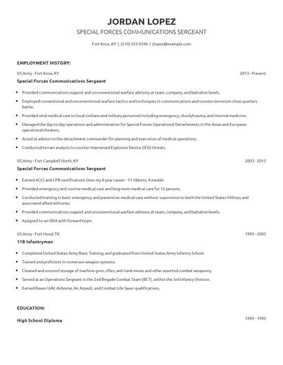 Special Forces Communications Sergeant Resume