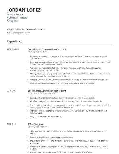 Special Forces Communications Sergeant Resume