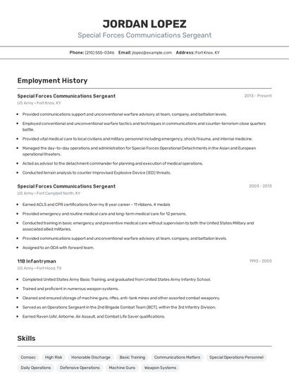 Special Forces Communications Sergeant Resume