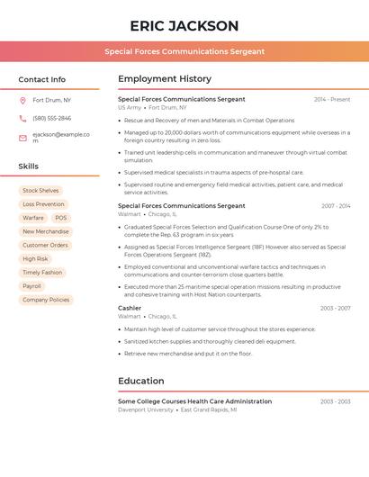 Special Forces Communications Sergeant Resume