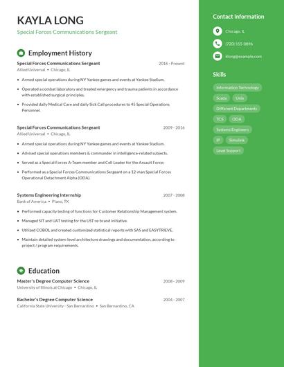 Special Forces Communications Sergeant Resume