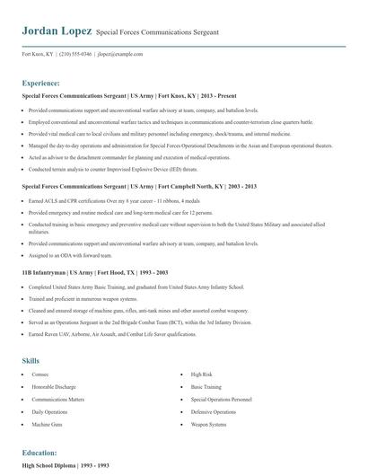 Special Forces Communications Sergeant Resume