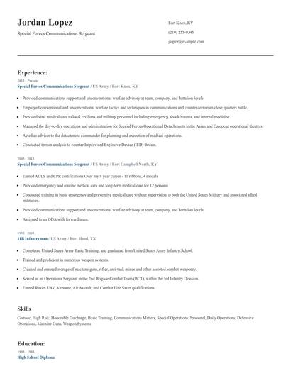 Special Forces Communications Sergeant Resume