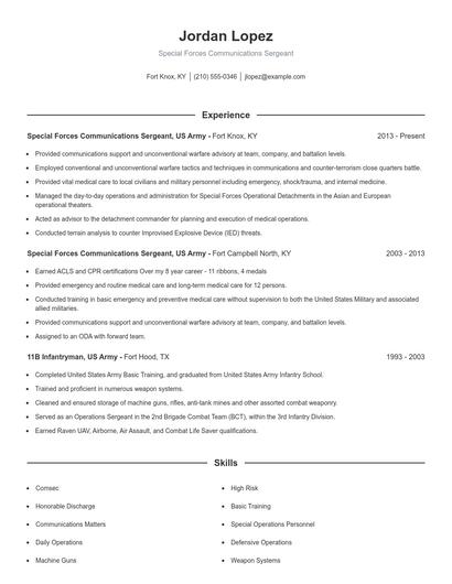 Special Forces Communications Sergeant Resume
