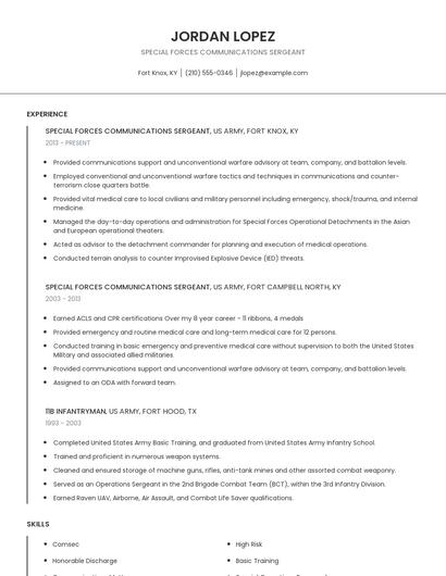 Special Forces Communications Sergeant Resume