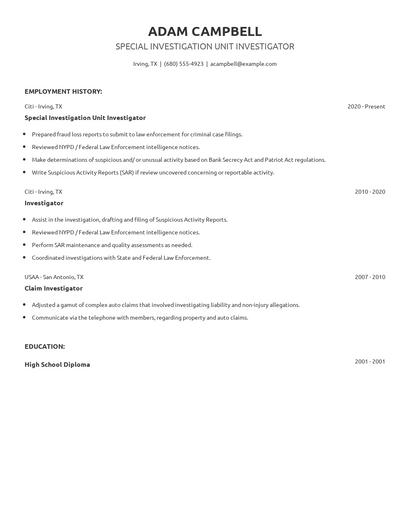 Special Investigation Unit Investigator Resume