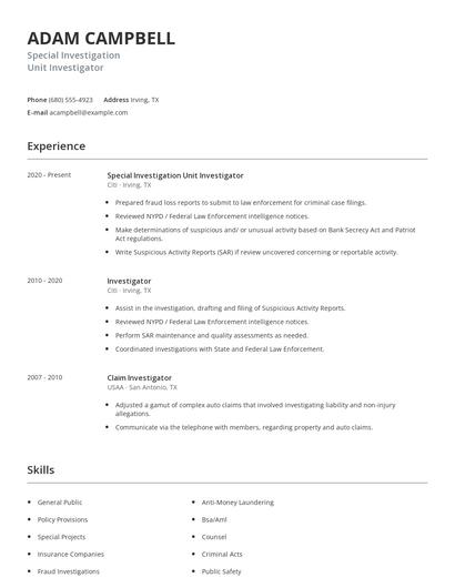 Special Investigation Unit Investigator Resume