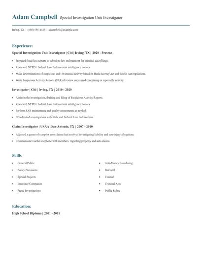 Special Investigation Unit Investigator Resume