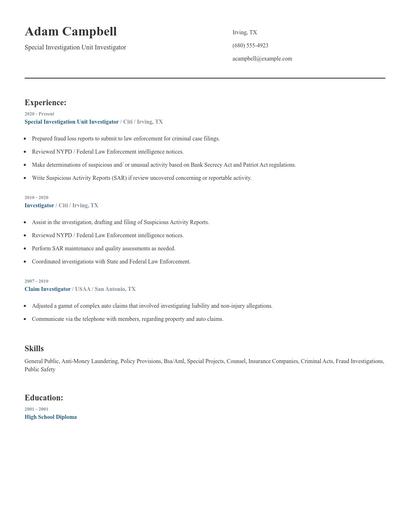 Special Investigation Unit Investigator Resume