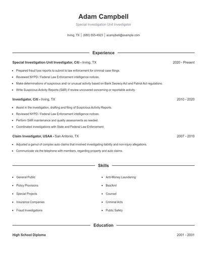Special Investigation Unit Investigator Resume