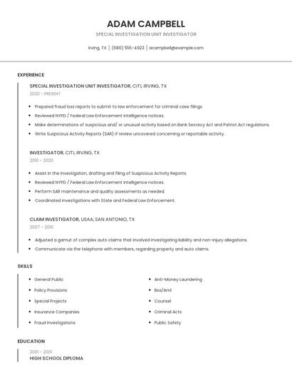 Special Investigation Unit Investigator Resume