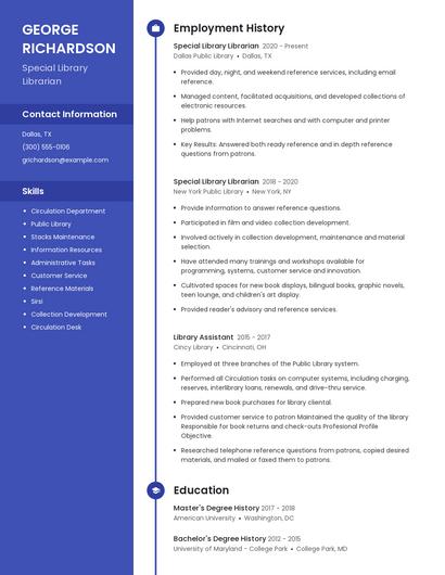 Special Library Librarian Resume