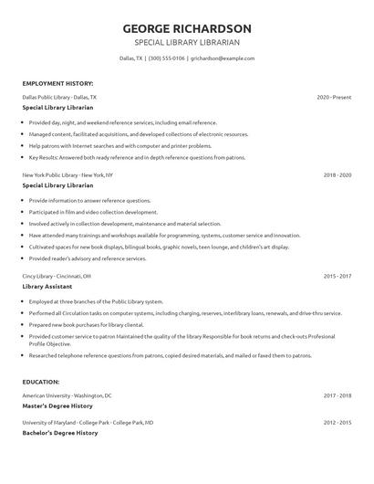 Special Library Librarian Resume