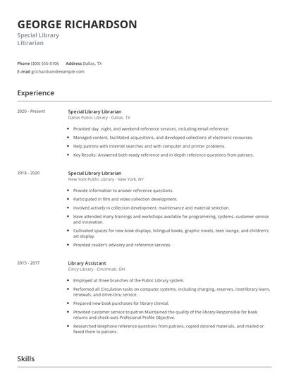Special Library Librarian Resume