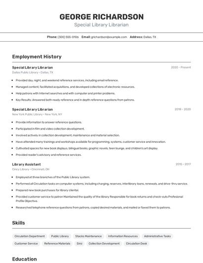Special Library Librarian Resume