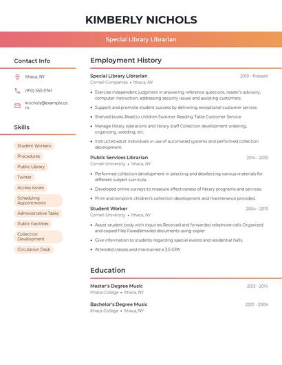 Special Library Librarian Resume