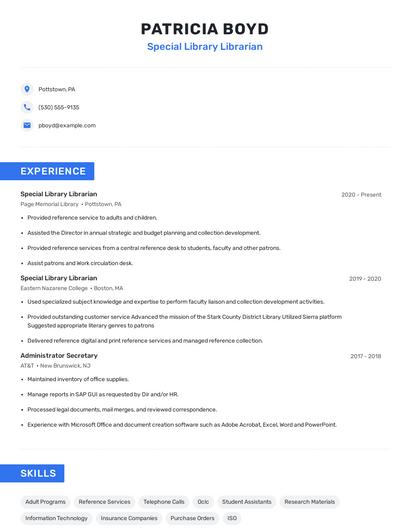 Special Library Librarian Resume