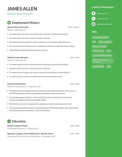 Special Library Librarian Resume