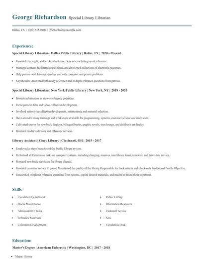 Special Library Librarian Resume