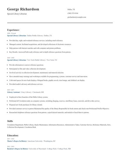 Special Library Librarian Resume