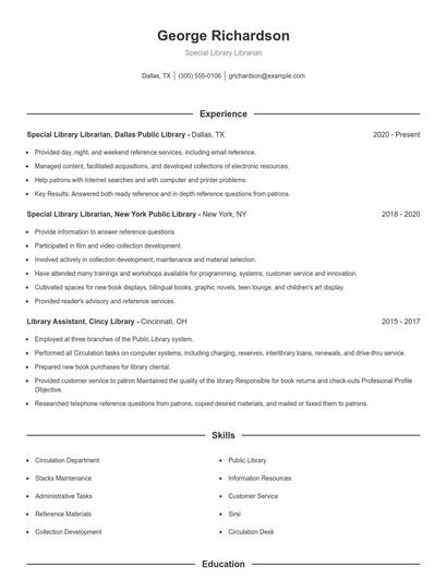Special Library Librarian Resume