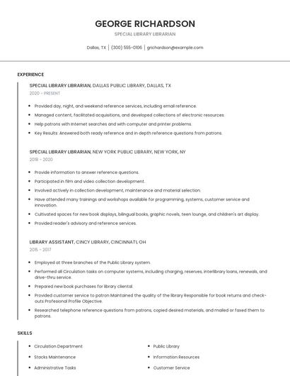 Special Library Librarian Resume
