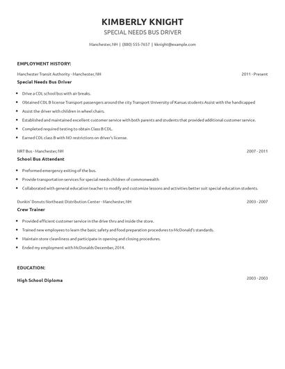 Special Needs Bus Driver Resume
