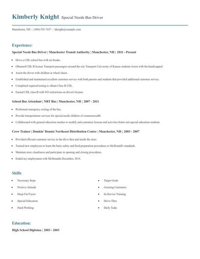 Special Needs Bus Driver Resume