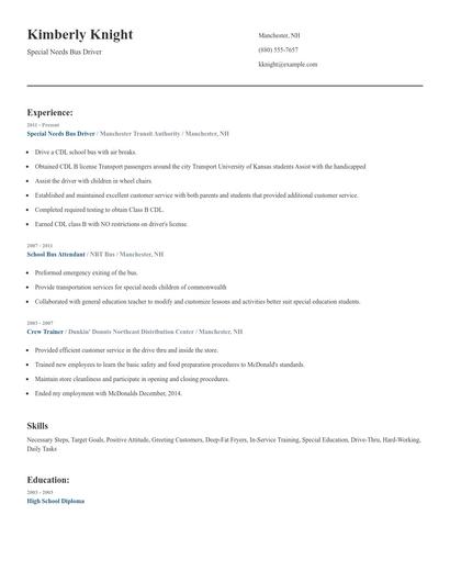 Special Needs Bus Driver Resume