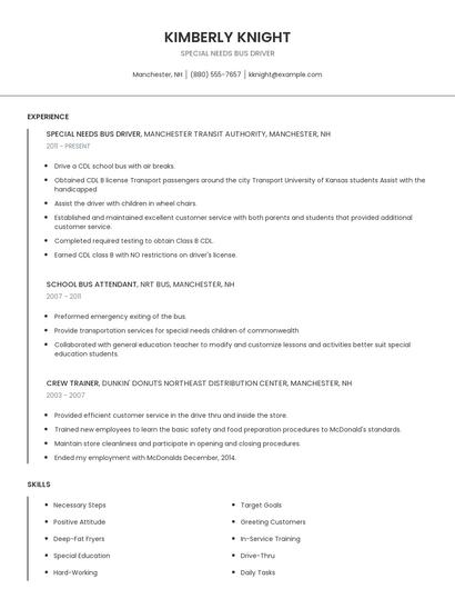 Special Needs Bus Driver Resume