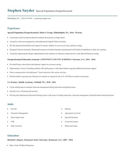 Special Population Paraprofessional Resume