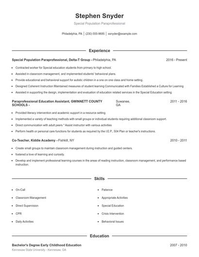 Special Population Paraprofessional Resume
