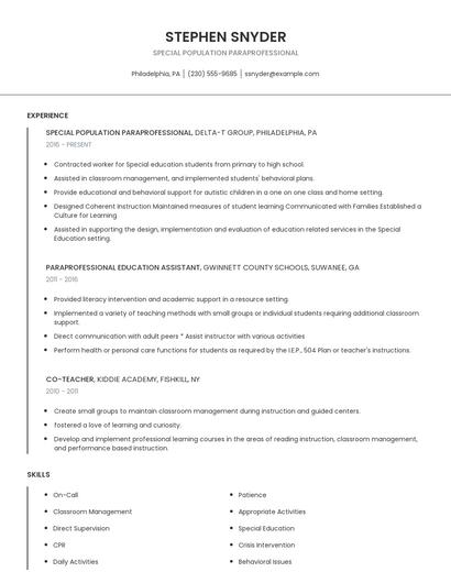 Special Population Paraprofessional Resume