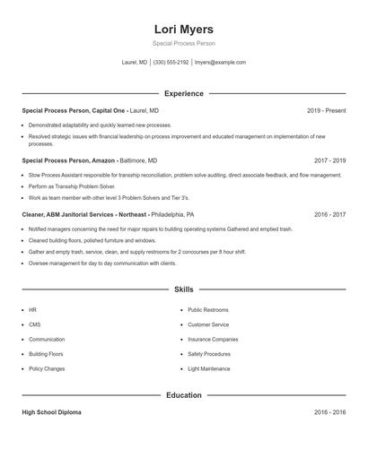 Special Process Person Resume