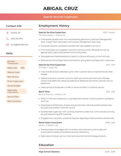 Special Services Supervisor Resume