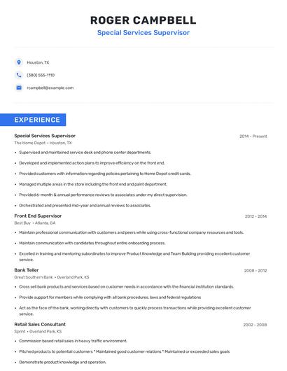 Special Services Supervisor Resume