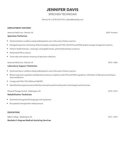 Specimen Technician Resume