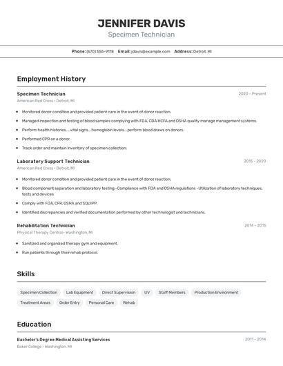 Specimen Technician Resume