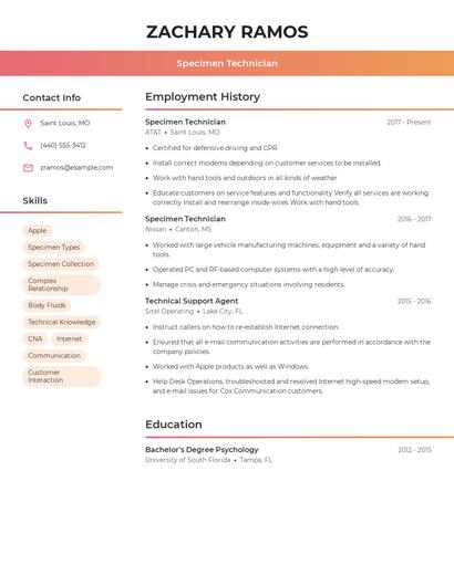 Specimen Technician Resume