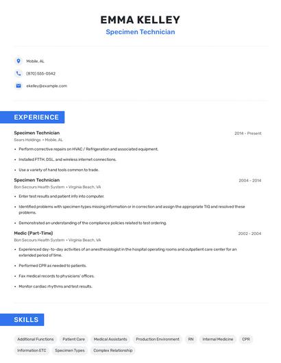 Specimen Technician Resume