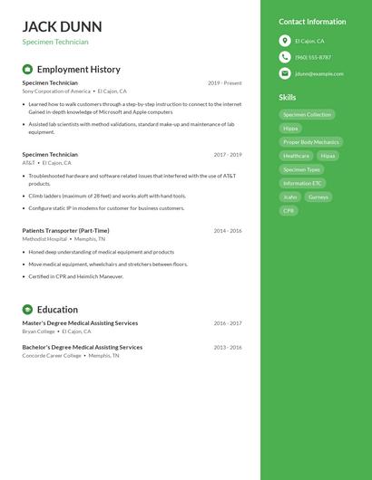 Specimen Technician Resume