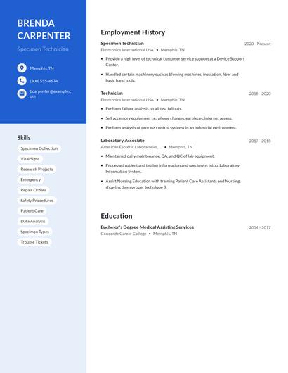 Specimen Technician Resume